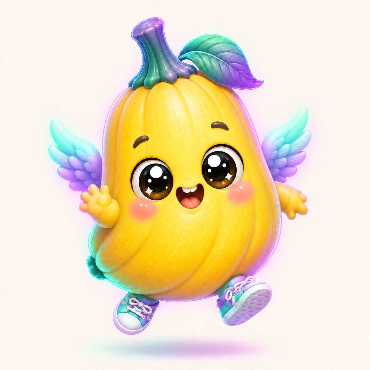 Cute Squashana flying banana-squash mascot with Solana colors